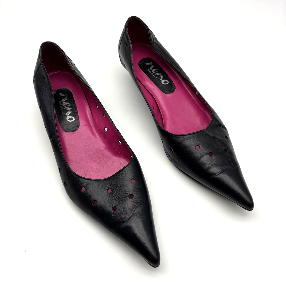 1980s San Reno 'KATI' Black Holey Leather Point Toe Kitten Heel Pump 6.5B Brazil - Picture 14 of 15